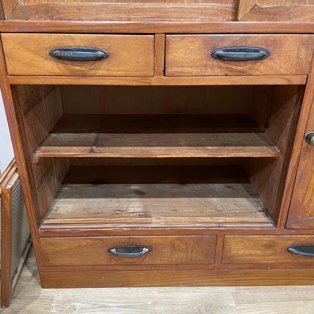 昭和 レトロ　戸棚　モールガラス　食器棚　本棚　アンティーク　当時物　水屋