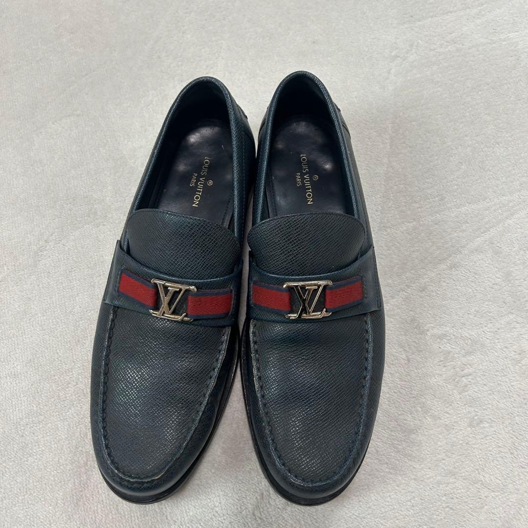 K640 27.0cm ルイヴィトン ロゴ金具 ローファー ネイビー メンズ