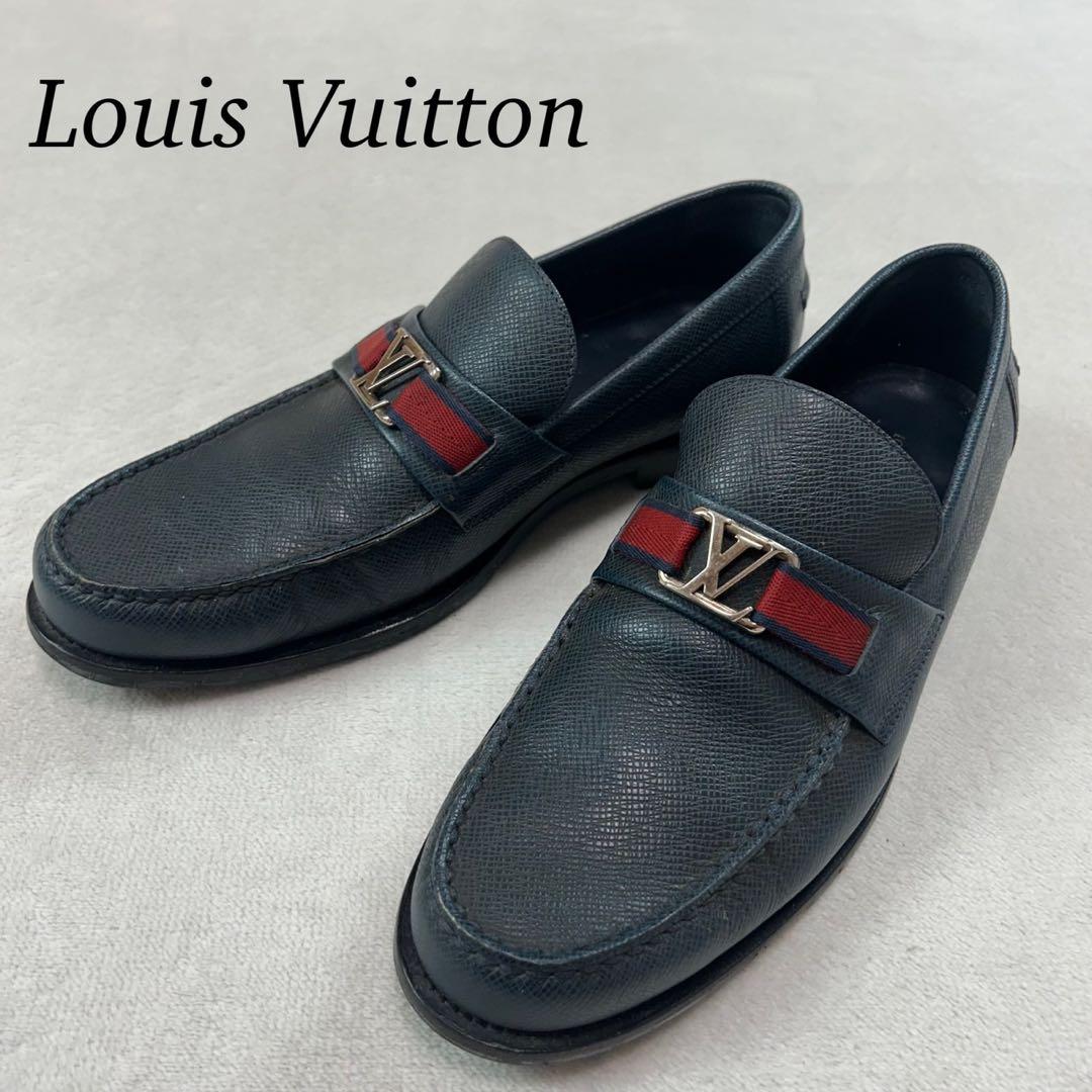 K640 27.0cm ルイヴィトン ロゴ金具 ローファー ネイビー メンズ