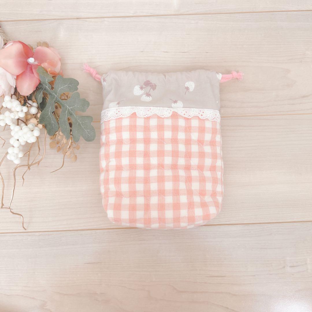 入園入学セット　女の子　いちご柄　レース　ピンク　チェック　ハンドメイド　5点