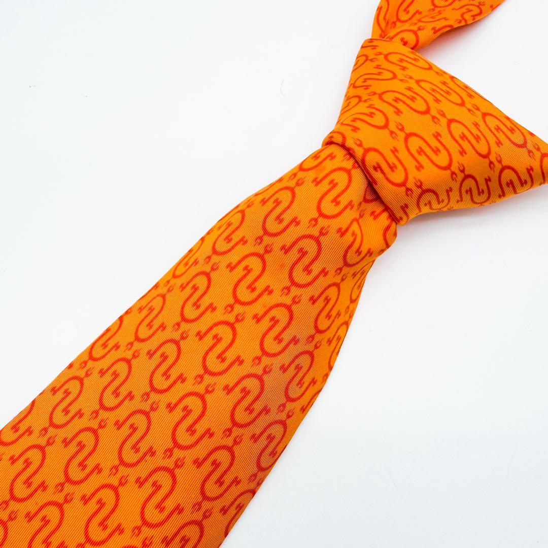 エルメス ネクタイ オレンジ 総柄 シルク100% フランス製 オレンジ