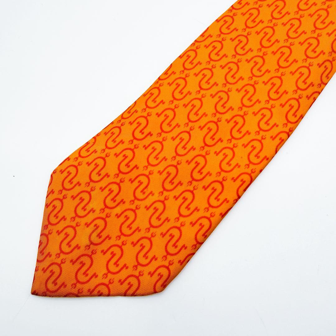 エルメス ネクタイ オレンジ 総柄 シルク100% フランス製 オレンジ