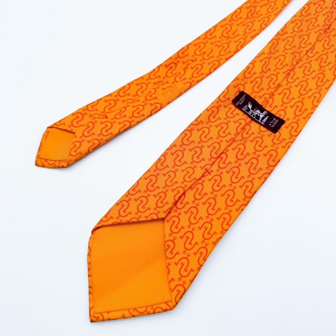 エルメス ネクタイ オレンジ 総柄 シルク100% フランス製 オレンジ