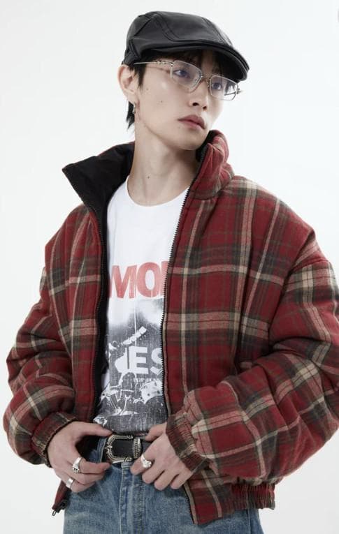 L2142　リバーシブルチェックアウター　S（black）　地底人ONLINE