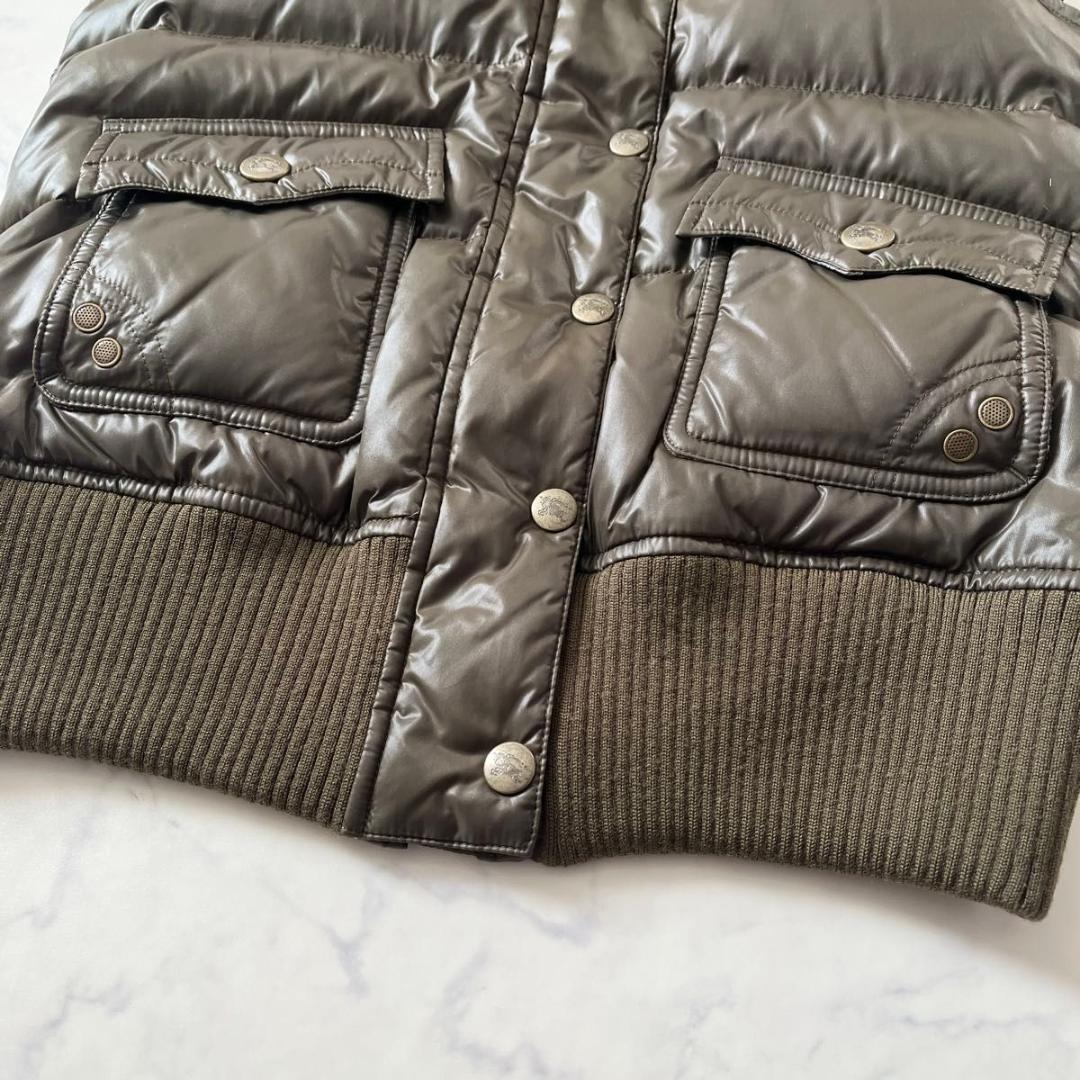 バーバリーブルーレーベル ノバチェック ファー付 ダウンベスト カーキ 緑 M