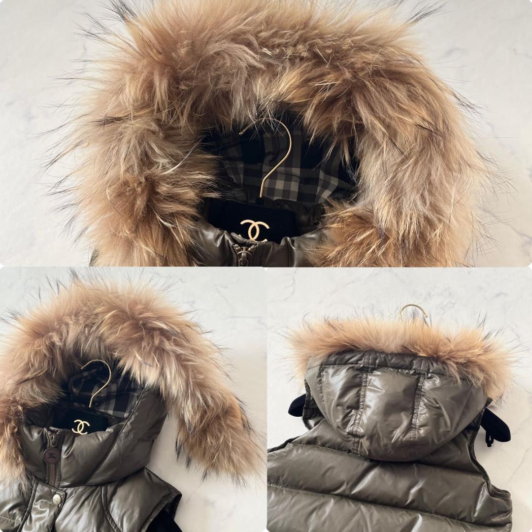 バーバリーブルーレーベル ノバチェック ファー付 ダウンベスト カーキ 緑 M