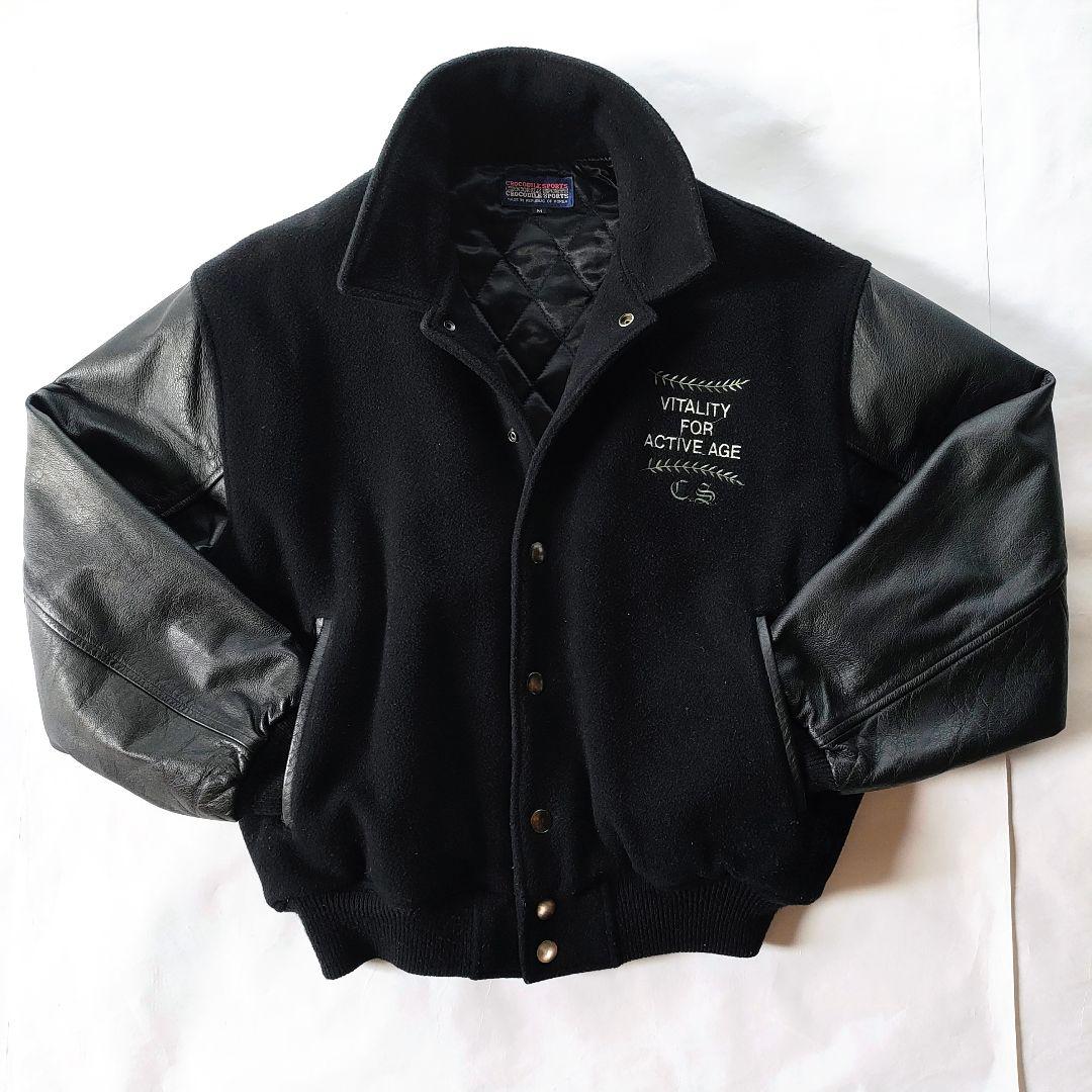 【希少】スタジャン 90sヴィンテージ ブラック 襟あり袖レザー