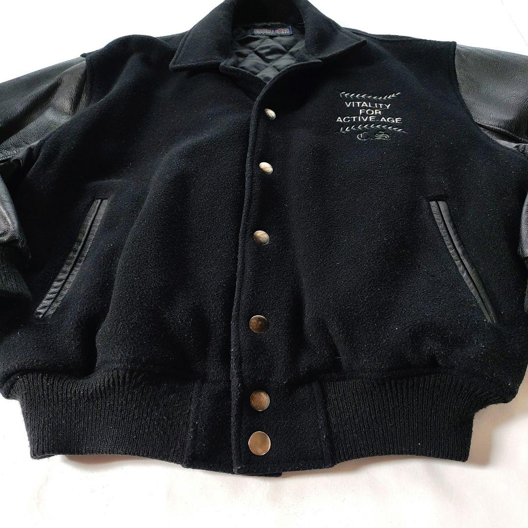 【希少】スタジャン 90sヴィンテージ ブラック 襟あり袖レザー
