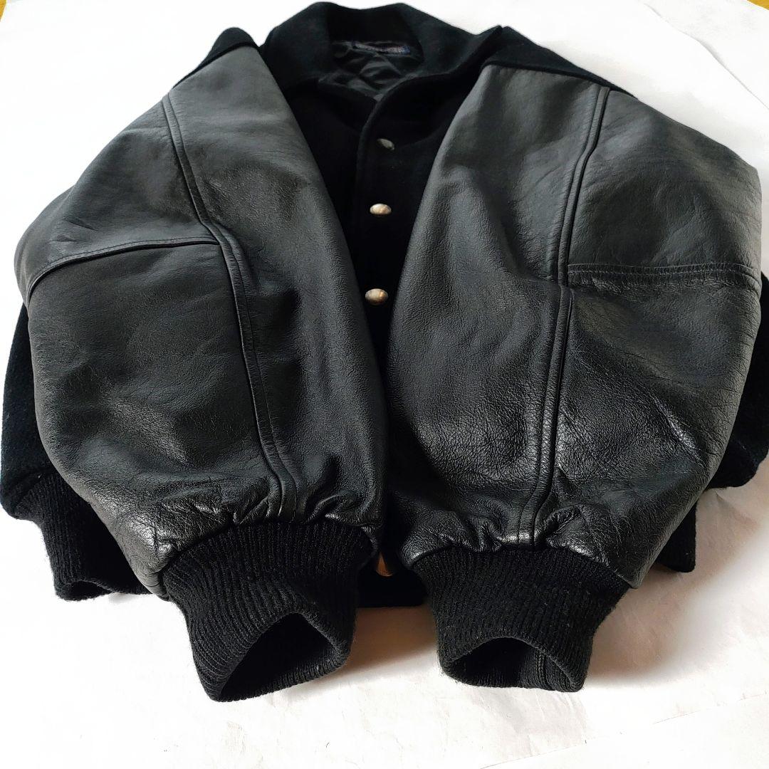 【希少】スタジャン 90sヴィンテージ ブラック 襟あり袖レザー