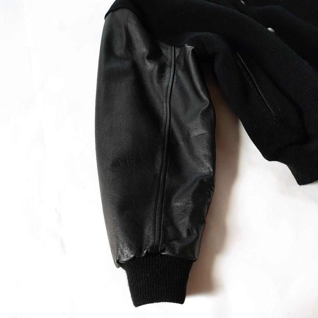 【希少】スタジャン 90sヴィンテージ ブラック 襟あり袖レザー