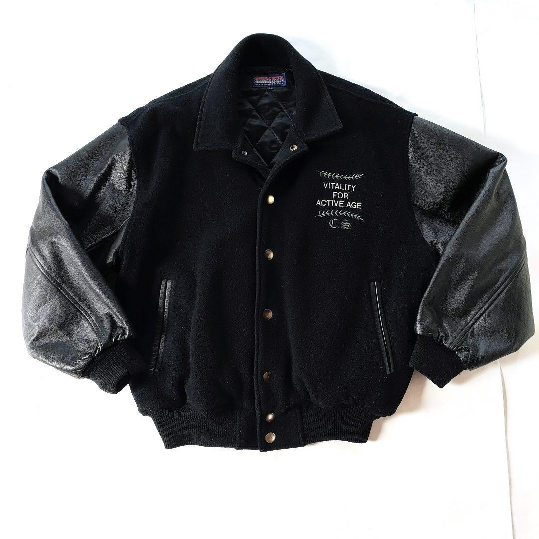 【希少】スタジャン 90sヴィンテージ ブラック 襟あり袖レザー