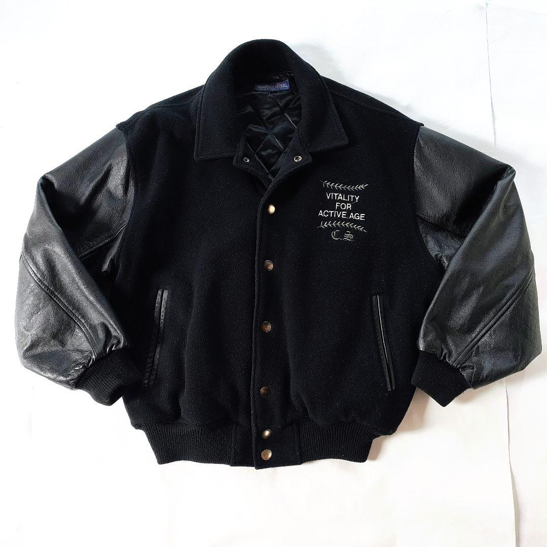 【希少】スタジャン 90sヴィンテージ ブラック 襟あり袖レザー