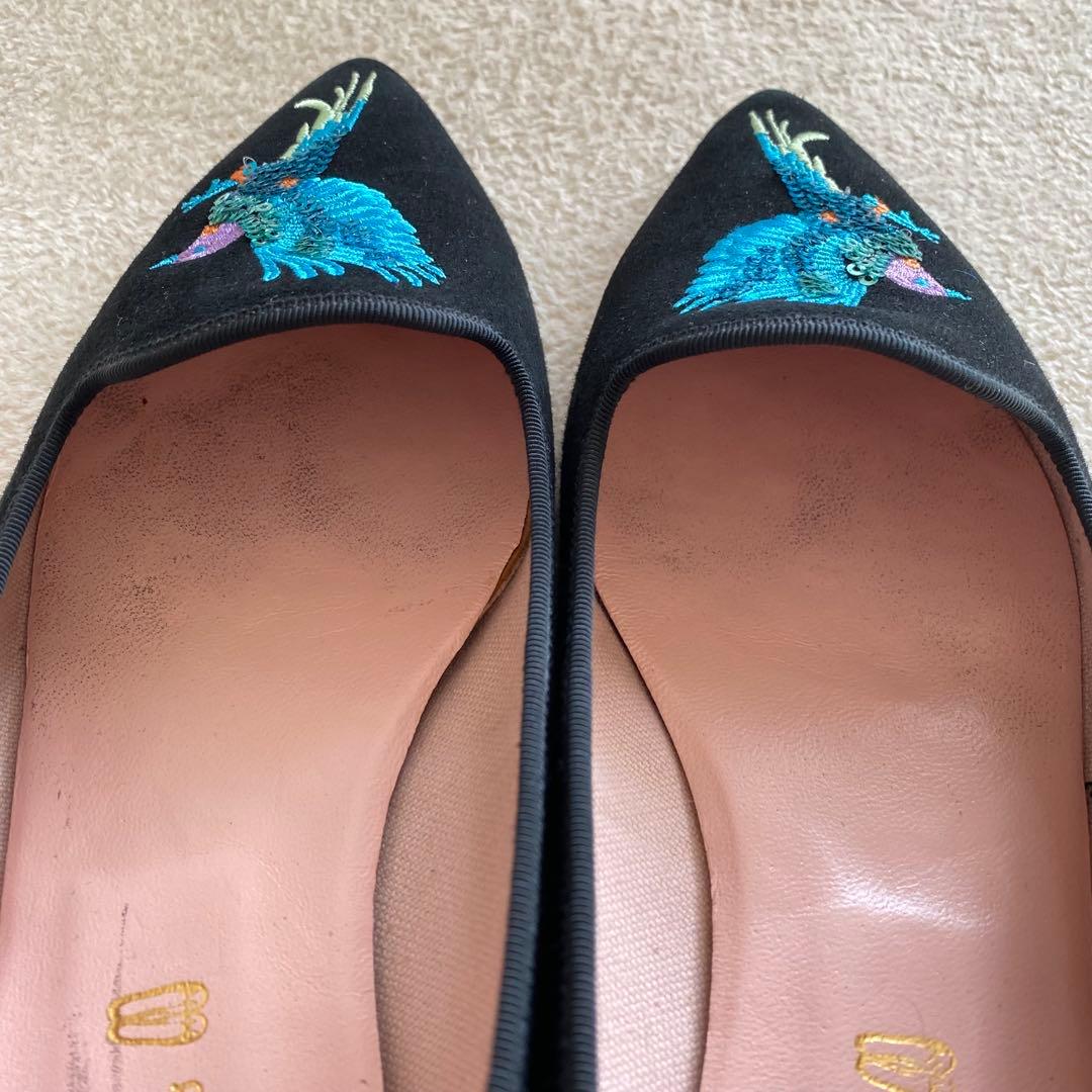 プリティバレリーナ　鳥刺繍　ブラック　スエード　フラットシューズ　希少 25cm