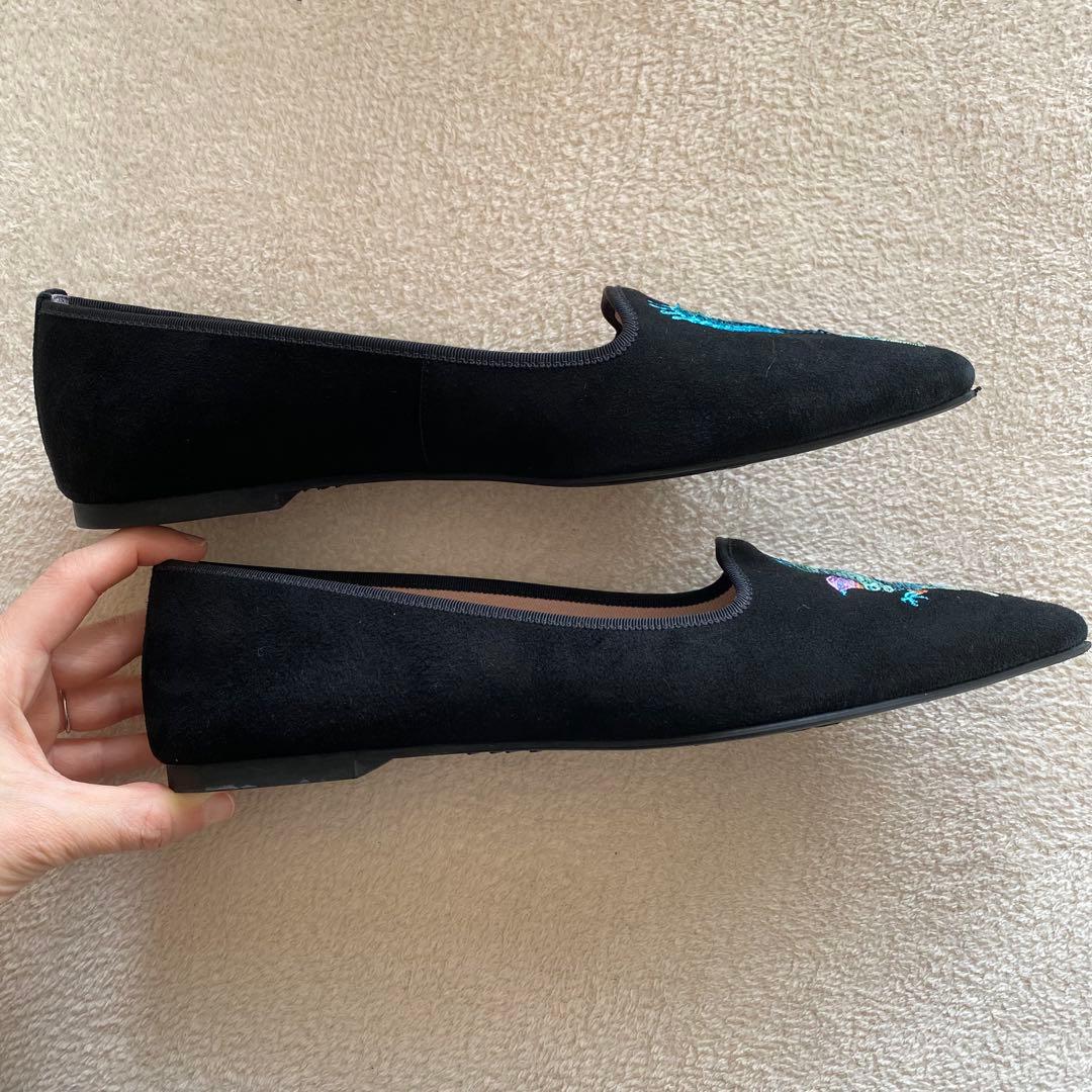 プリティバレリーナ　鳥刺繍　ブラック　スエード　フラットシューズ　希少 25cm