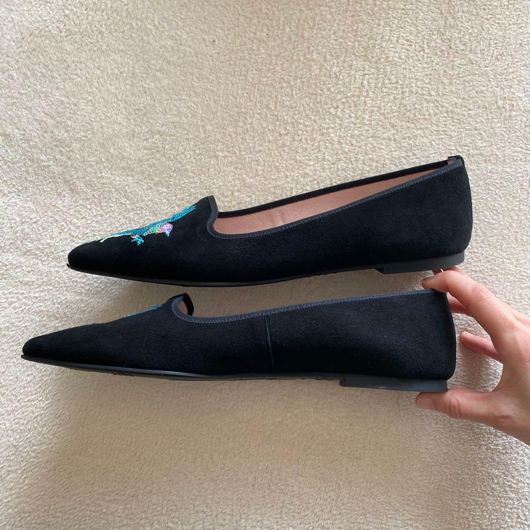 プリティバレリーナ　鳥刺繍　ブラック　スエード　フラットシューズ　希少 25cm