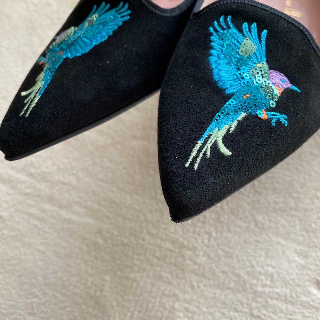 プリティバレリーナ　鳥刺繍　ブラック　スエード　フラットシューズ　希少 25cm