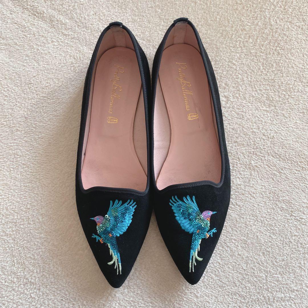 プリティバレリーナ　鳥刺繍　ブラック　スエード　フラットシューズ　希少 25cm