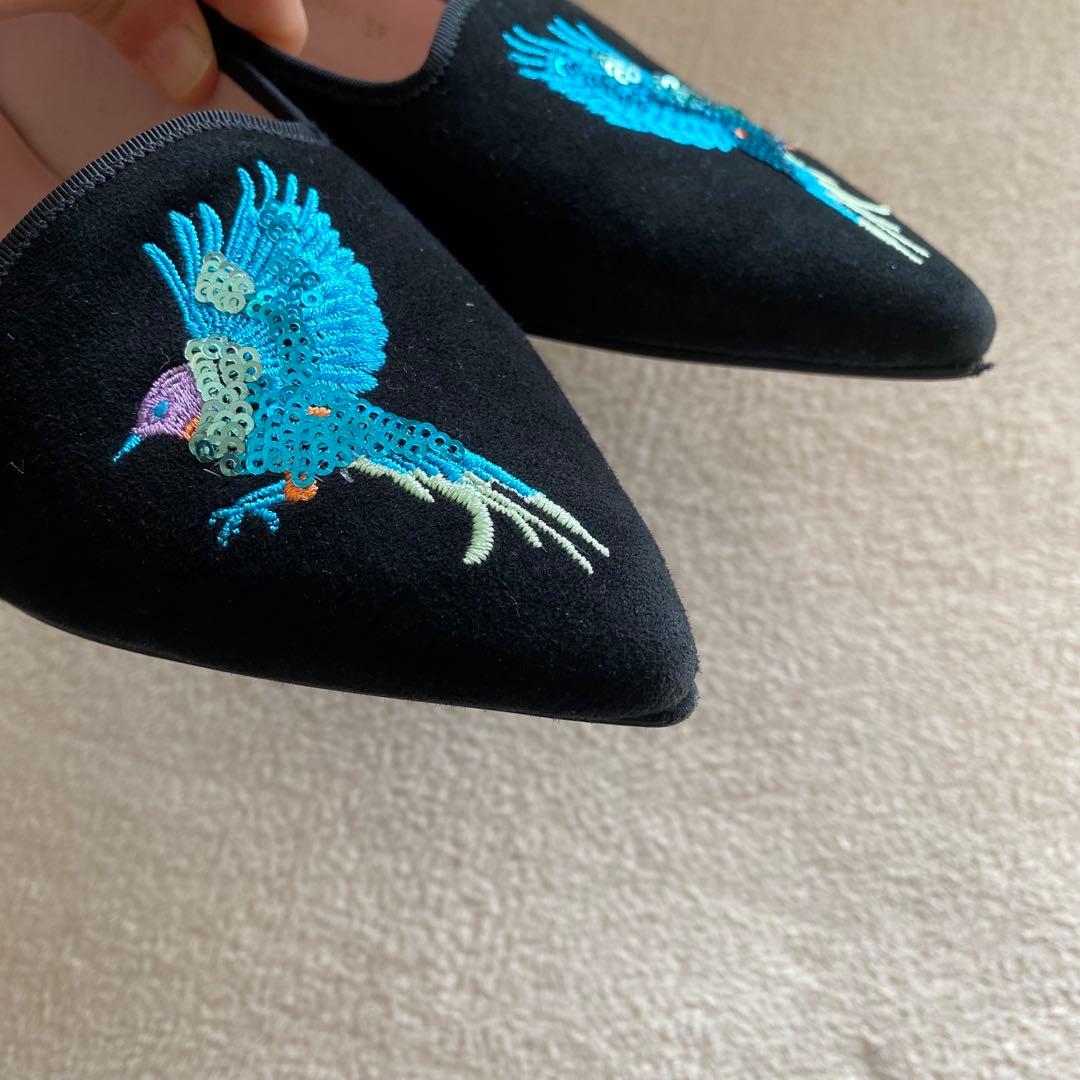 プリティバレリーナ　鳥刺繍　ブラック　スエード　フラットシューズ　希少 25cm