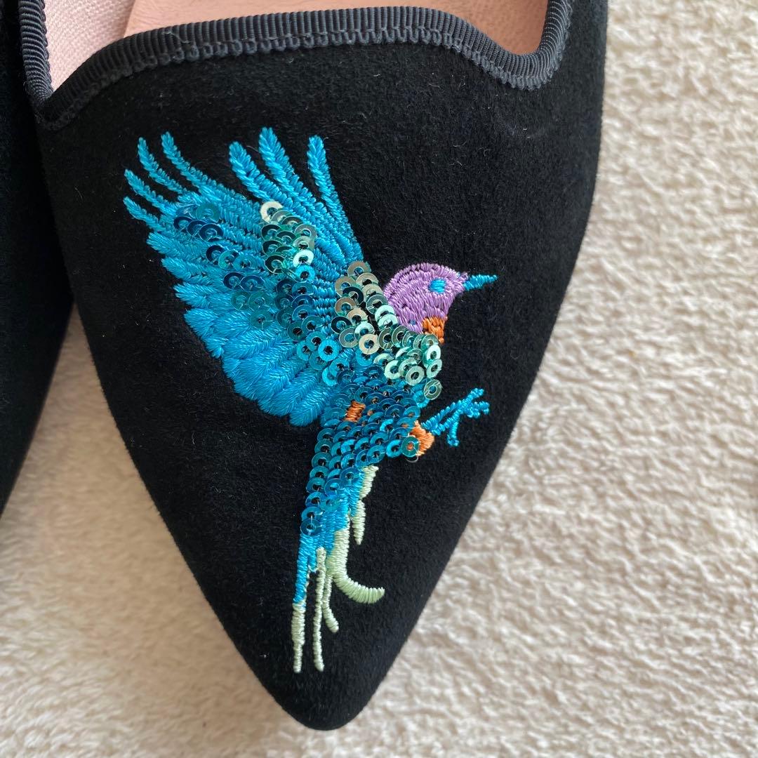 プリティバレリーナ　鳥刺繍　ブラック　スエード　フラットシューズ　希少 25cm
