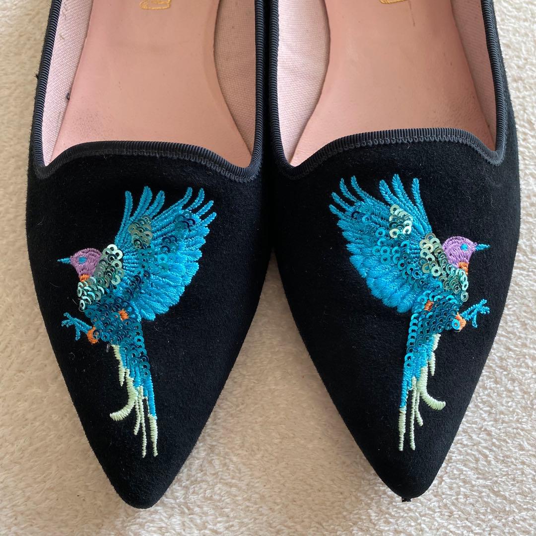 プリティバレリーナ　鳥刺繍　ブラック　スエード　フラットシューズ　希少 25cm