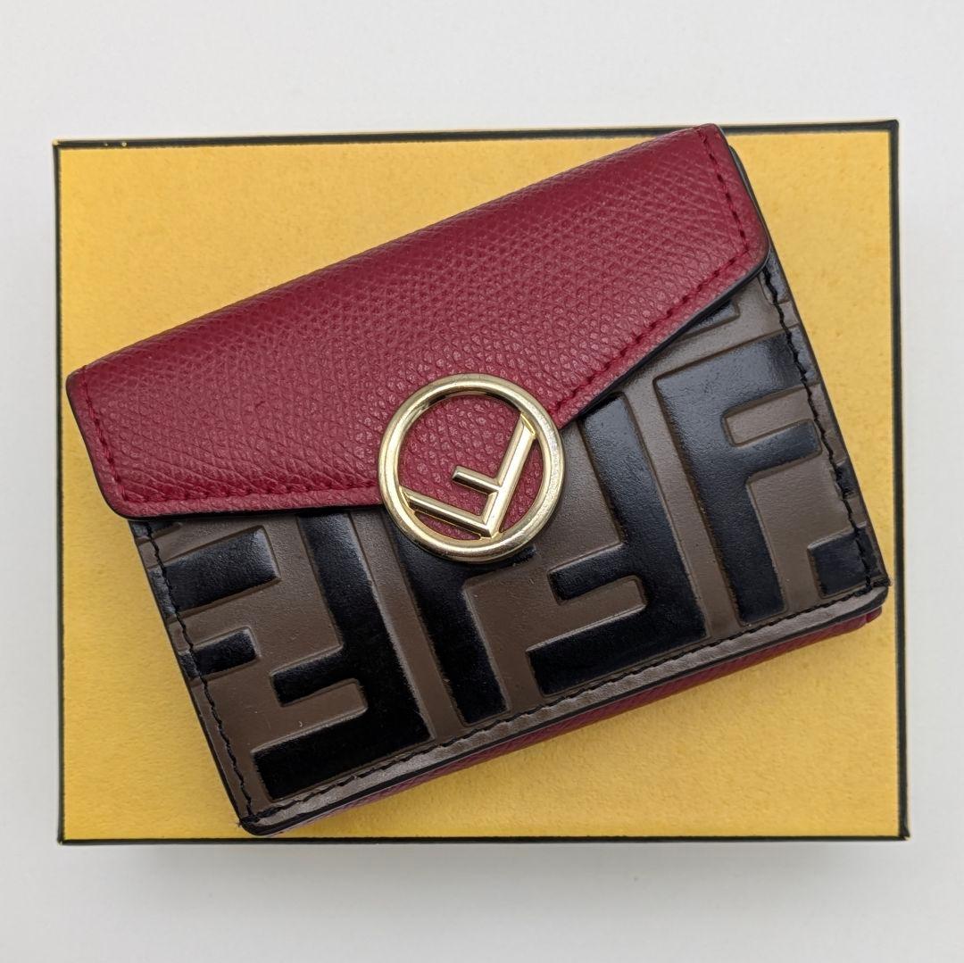 FENDI エフイズ 3つ折り財布 ズッカ レッド コンパクト ミニ財布 F金具