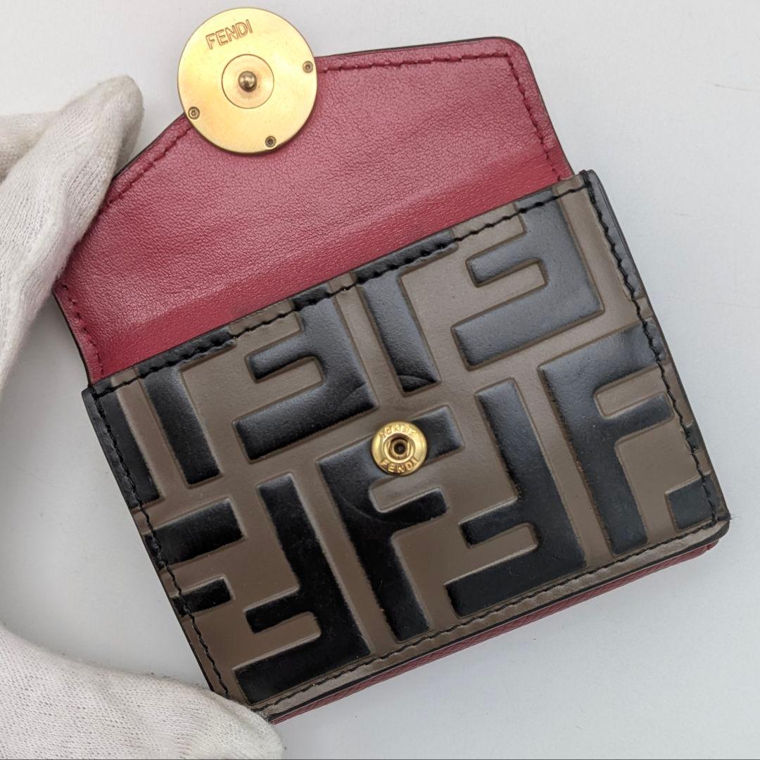 FENDI エフイズ 3つ折り財布 ズッカ レッド コンパクト ミニ財布 F金具