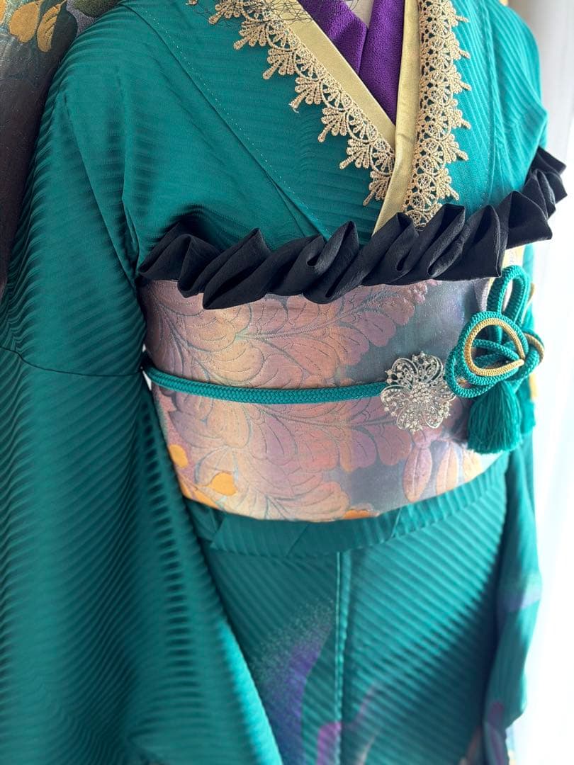 振袖　フルセット 濃いエメラルドグリーン