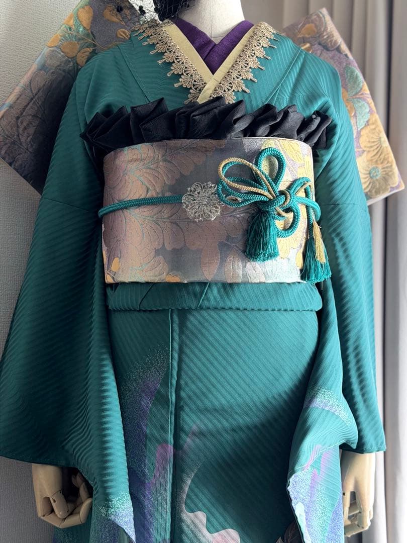 振袖　フルセット 濃いエメラルドグリーン