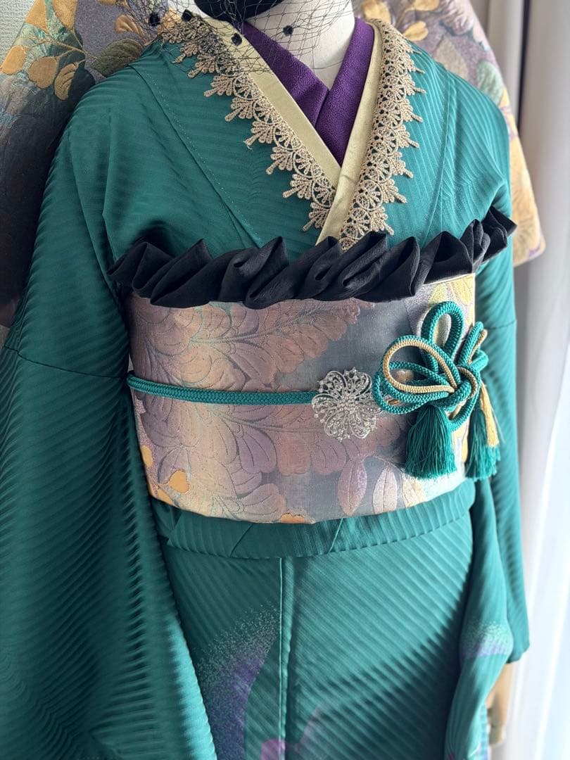 振袖　フルセット 濃いエメラルドグリーン