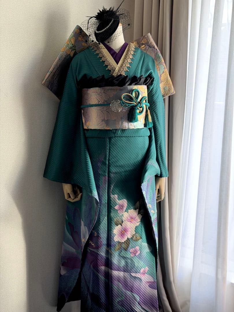 振袖　フルセット 濃いエメラルドグリーン