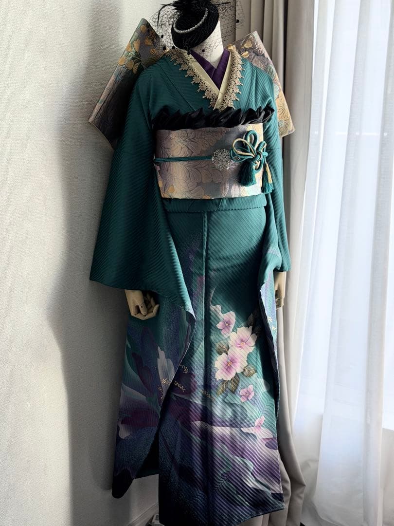 振袖　フルセット 濃いエメラルドグリーン