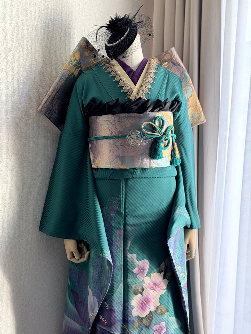 振袖　フルセット 濃いエメラルドグリーン