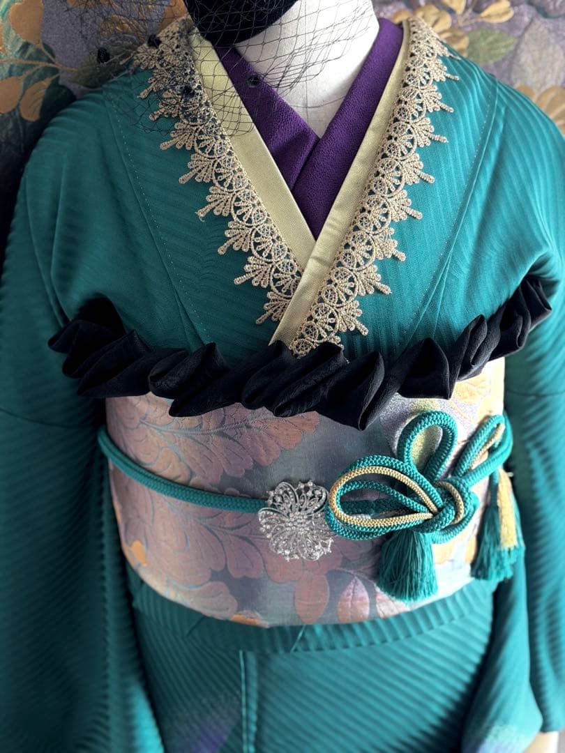 振袖　フルセット 濃いエメラルドグリーン