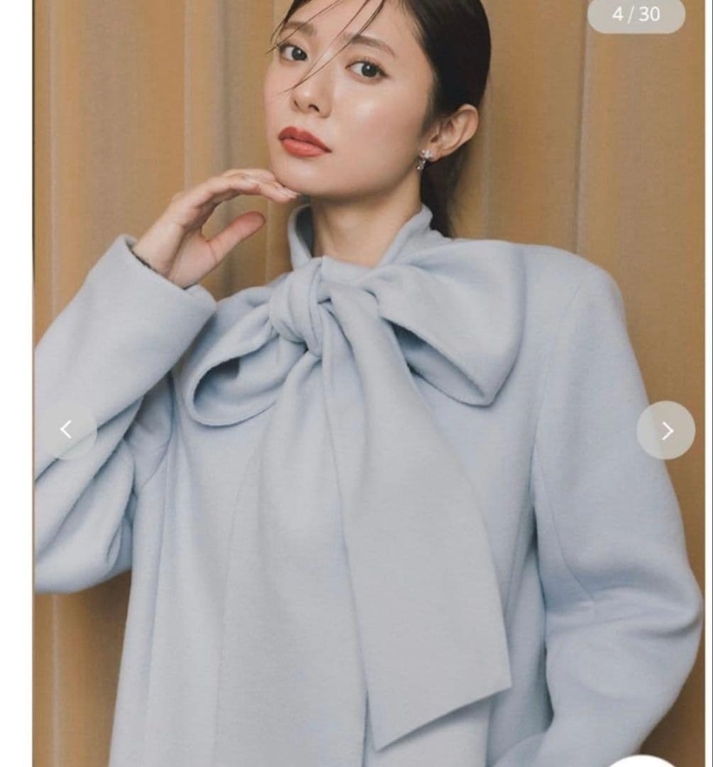 セルフォード 36 リボン付き ライトブルー サックス ロングコート