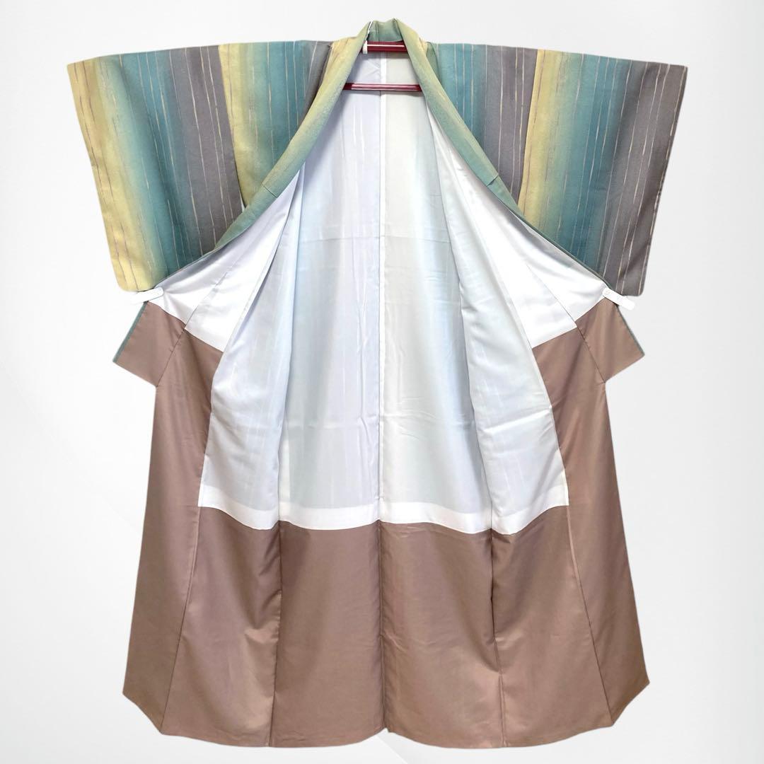 【美品✨】東レシルック　洗える着物　小紋　変わり縞　ぼかし染め　青緑　灰茶　G1
