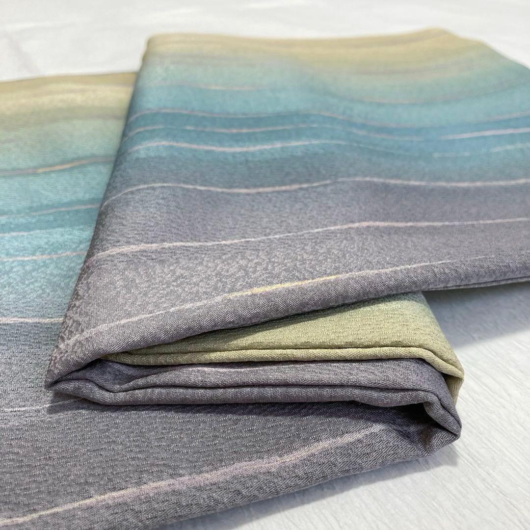 【美品✨】東レシルック　洗える着物　小紋　変わり縞　ぼかし染め　青緑　灰茶　G1