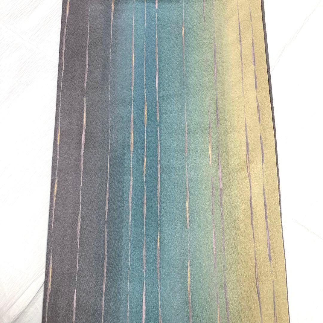 【美品✨】東レシルック　洗える着物　小紋　変わり縞　ぼかし染め　青緑　灰茶　G1