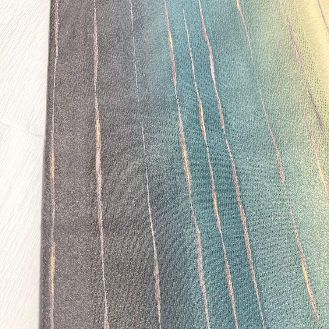 【美品✨】東レシルック　洗える着物　小紋　変わり縞　ぼかし染め　青緑　灰茶　G1
