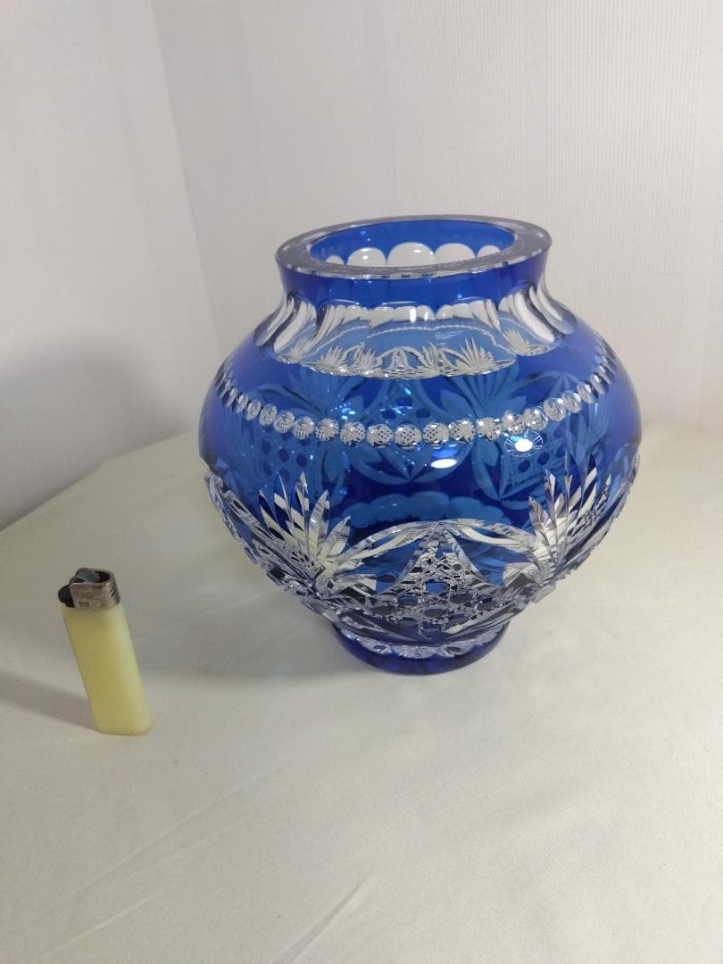 カガミクリスタル　江戸切子　花瓶　青　木村秋男