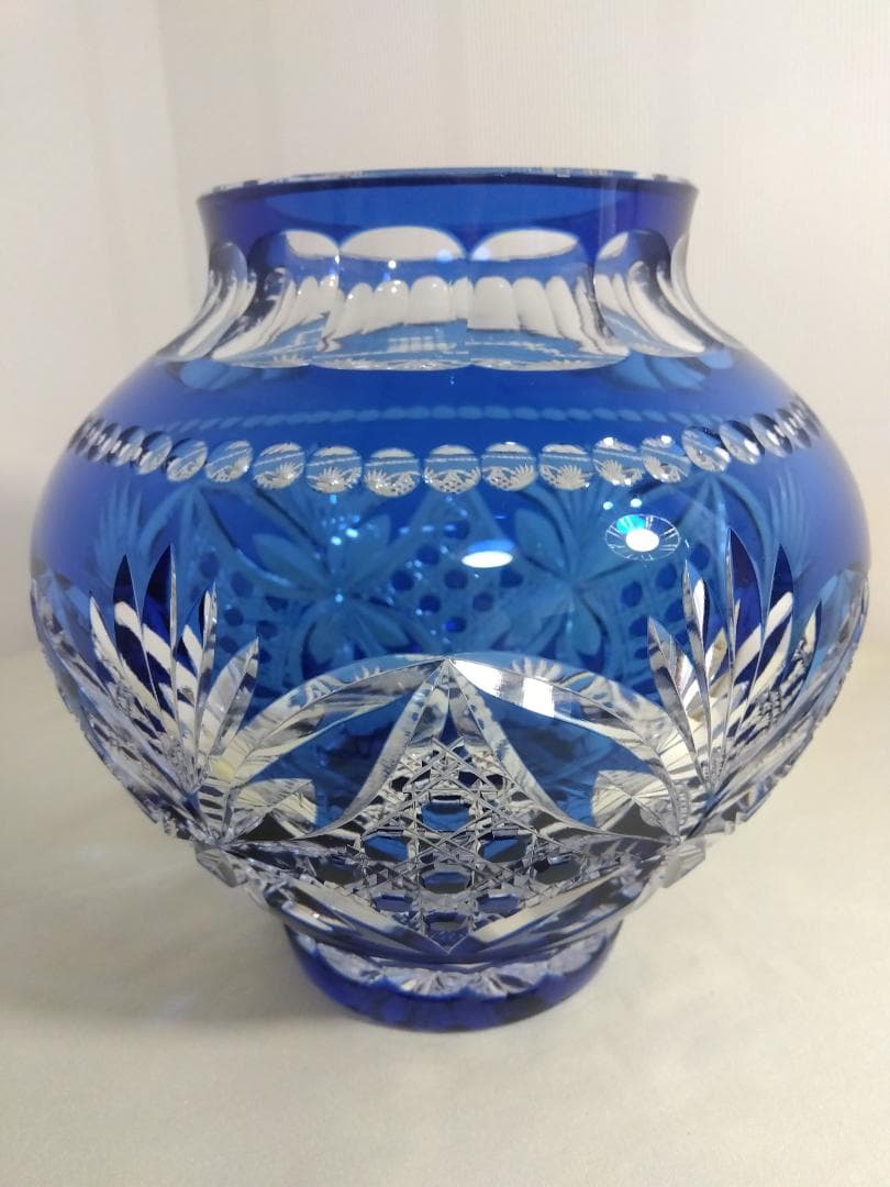 カガミクリスタル　江戸切子　花瓶　青　木村秋男