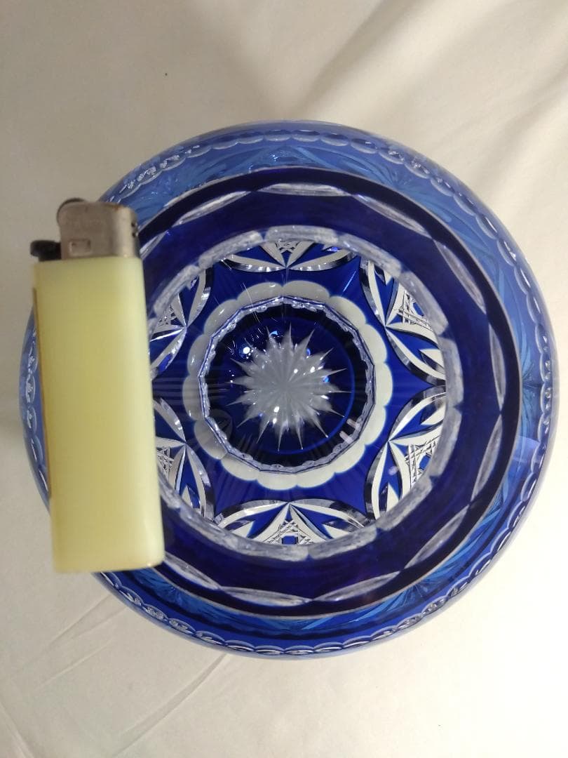 カガミクリスタル　江戸切子　花瓶　青　木村秋男