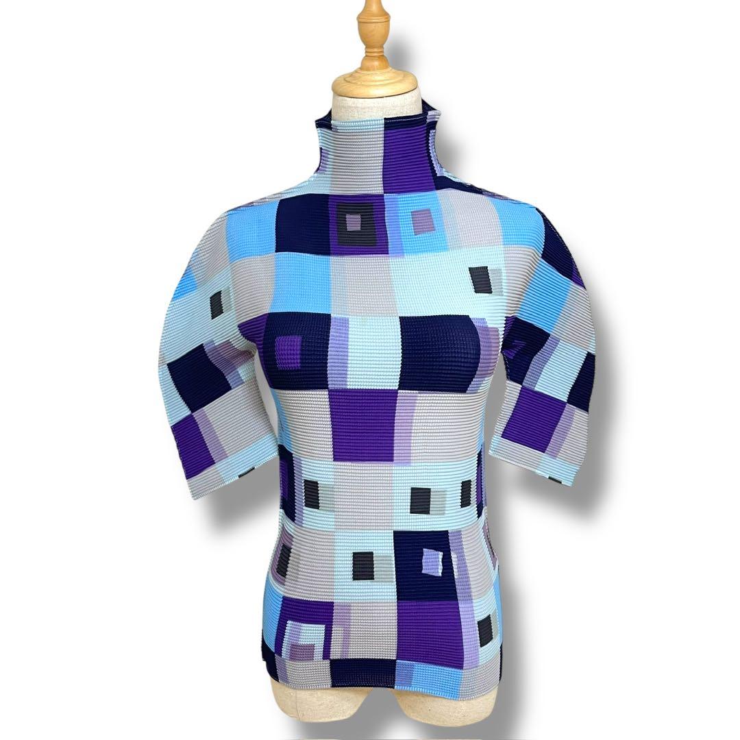 ISSEY MIYAKE ME 幾何学模様 ハイネック半袖 ワッフルプリーツ F