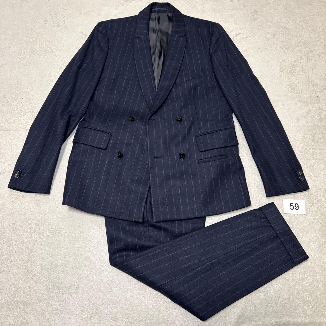 59 極美品　ナノユニバース　ダブル　スーツ　日本製　ストライプ　46 M