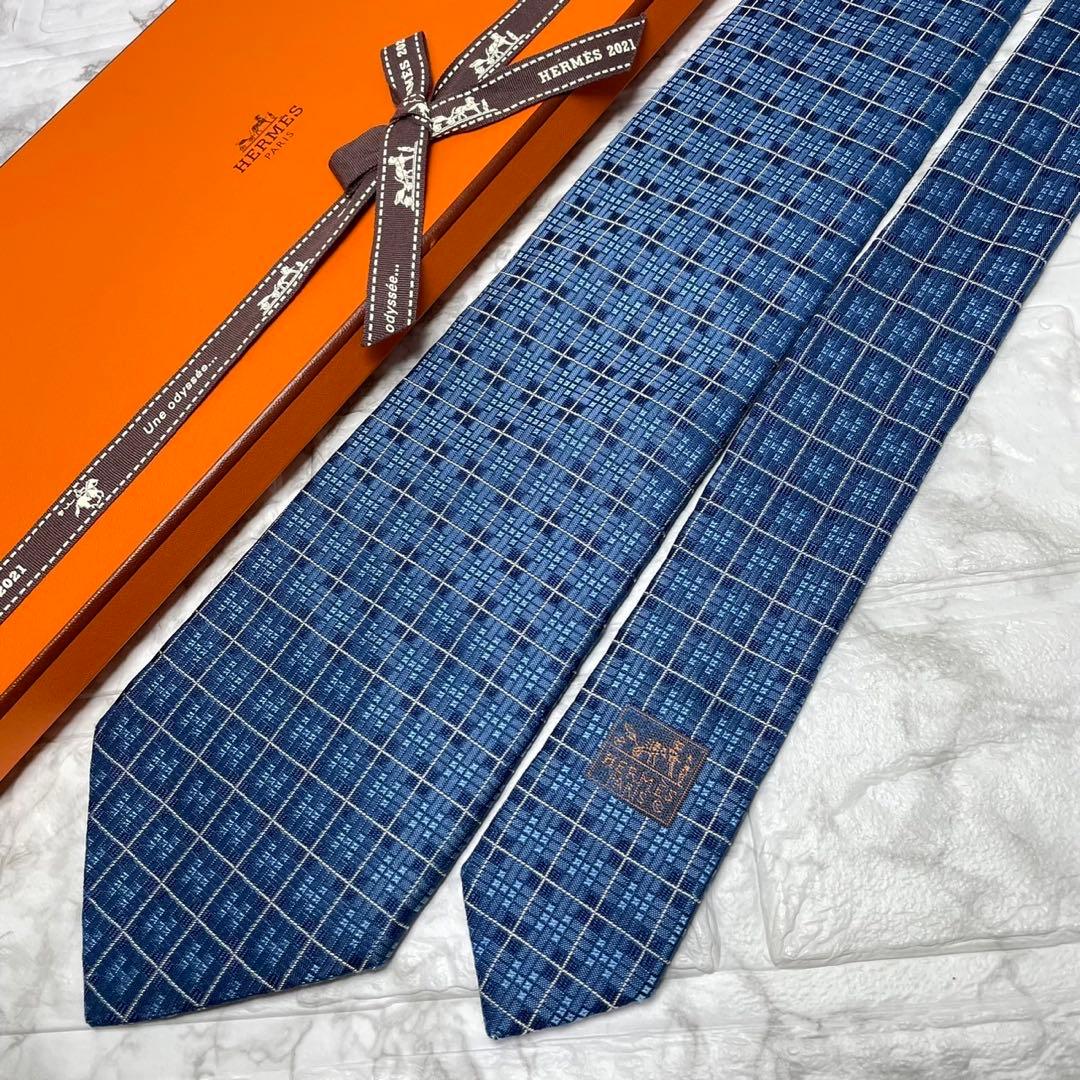 エルメス　HERMES ネクタイ　H織　ファソネ　ブルー　スーツ　シャツ