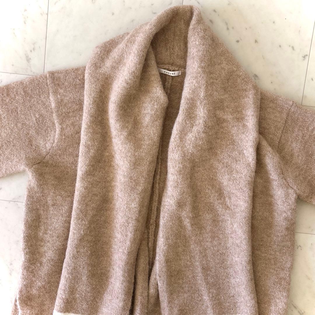 美品 カデュネ CADUNE アルパカ混 ストールフードラインニットカーデ 38