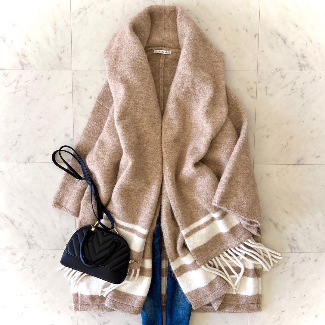 美品 カデュネ CADUNE アルパカ混 ストールフードラインニットカーデ 38