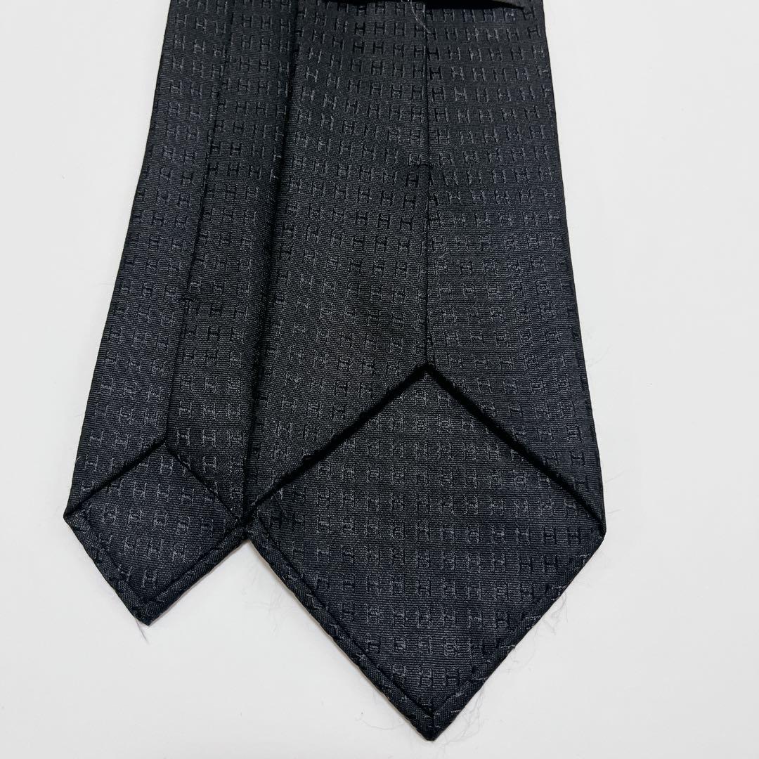 美品 エルメス ネクタイ ハイブランド H柄 ファソネ 光沢 ジャガード織り 黒