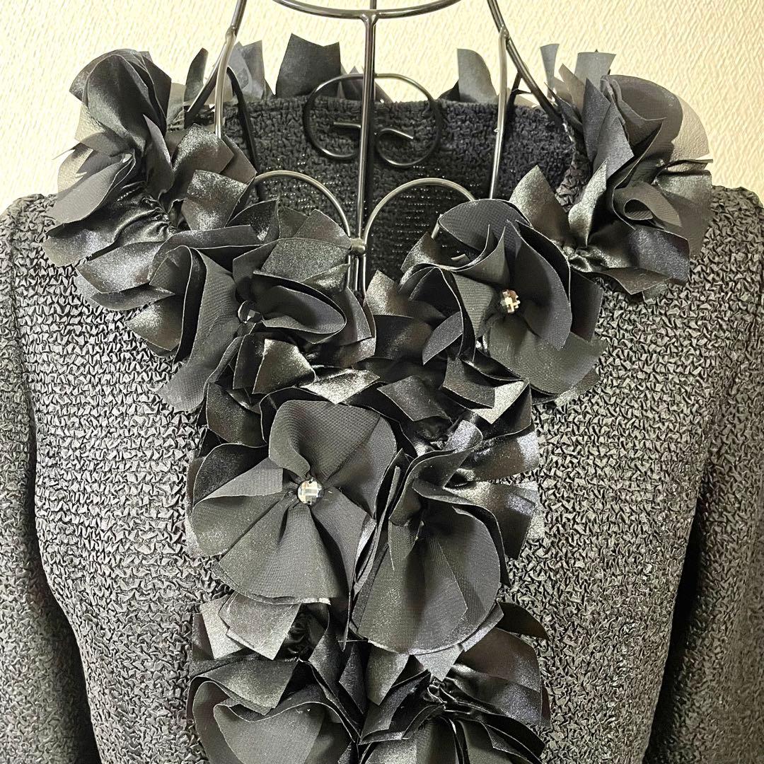 極美品♪ノコオーノノーカラージャケット ブラック スナップボタン フリル 42