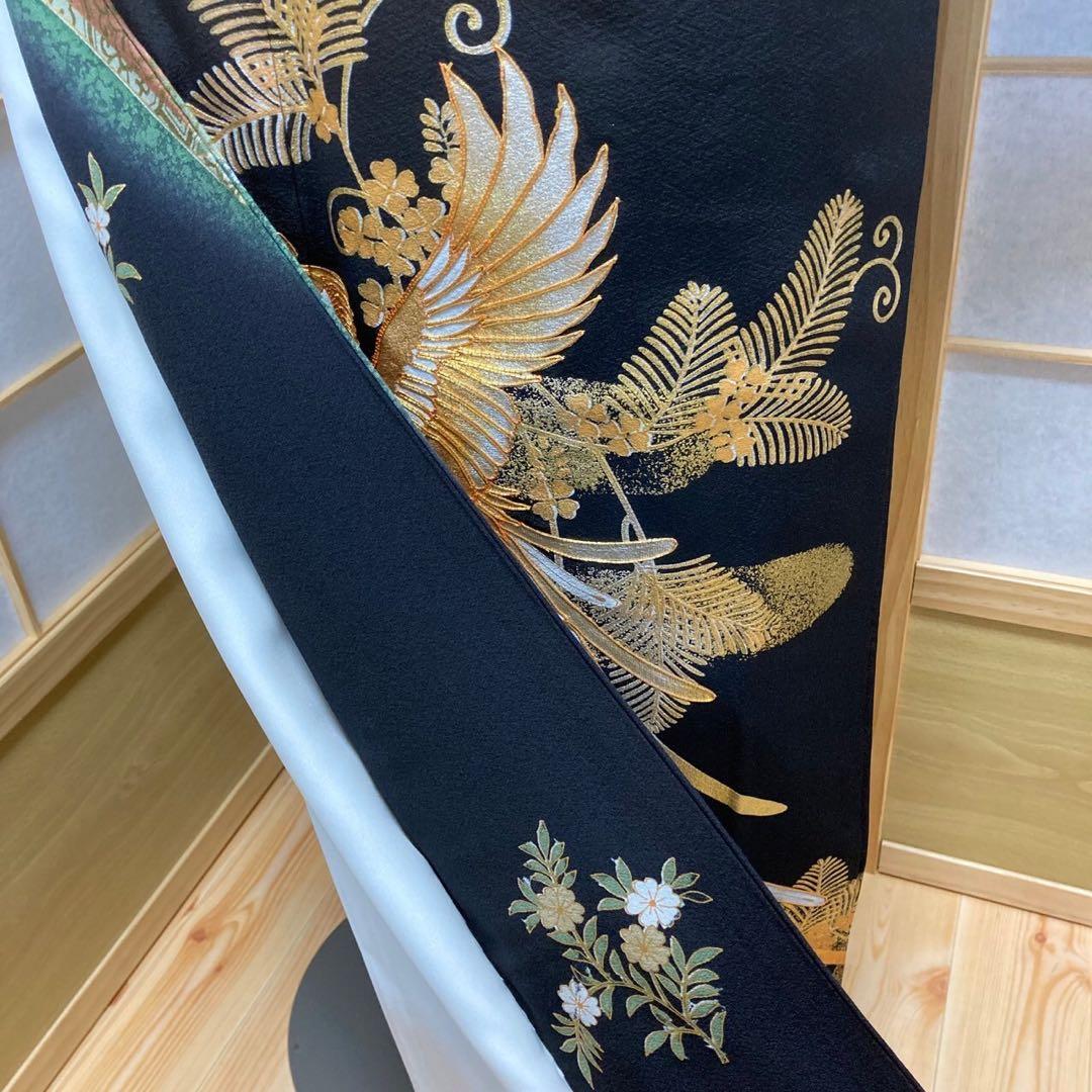 ［1003］黒留袖 美品 鳳凰蜀江 比翼付 五つ紋 違柏 金彩 正絹 着物 袷