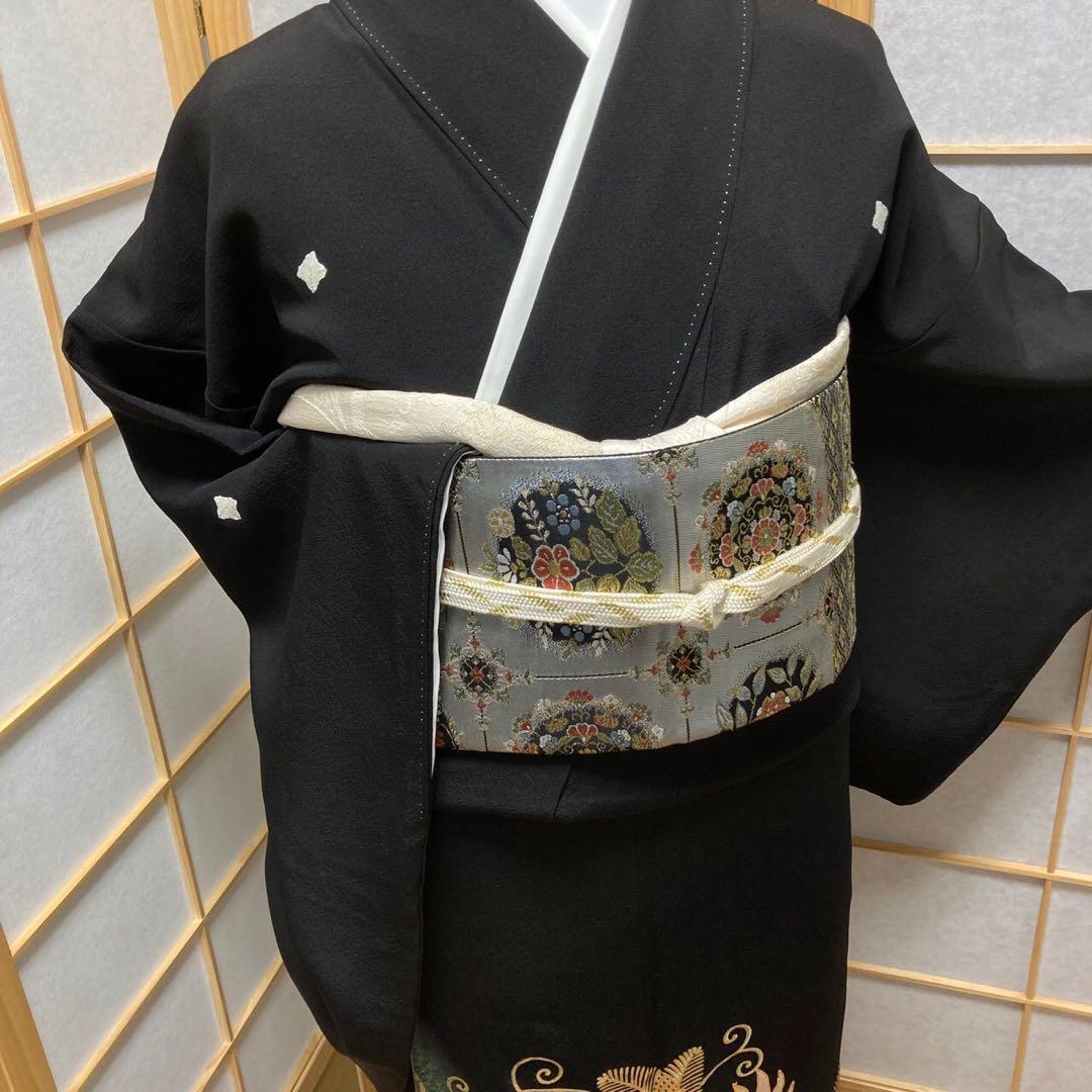 ［1003］黒留袖 美品 鳳凰蜀江 比翼付 五つ紋 違柏 金彩 正絹 着物 袷